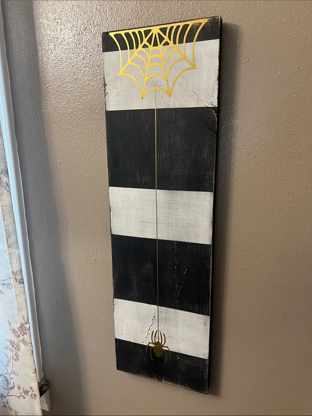 Gold Spider Web Wall Art on Black and White Stripes